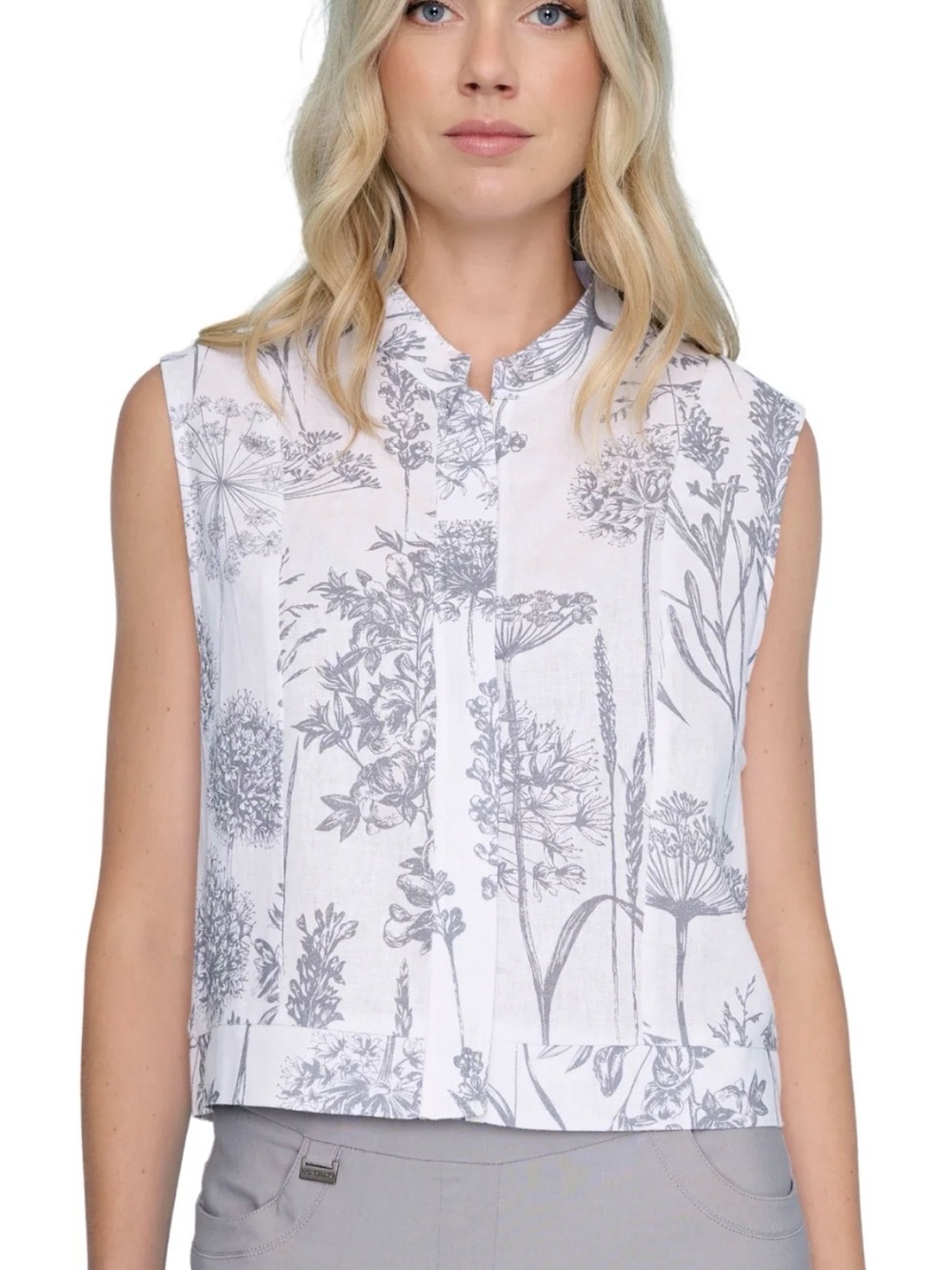 Laura Bianchi White Floral Linen Zip Sleeveless Crop Top